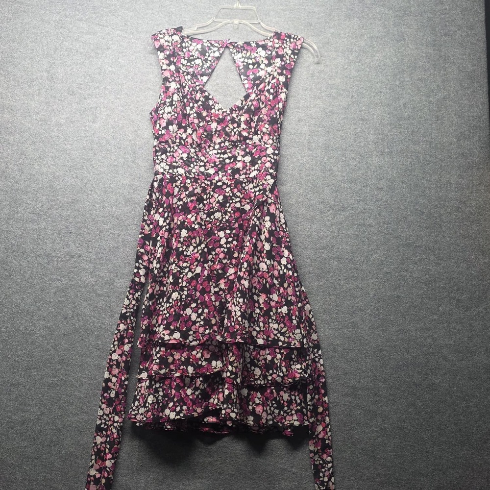 White House Black Market Floral Tiered High Low Dress Size 4 Black Pink